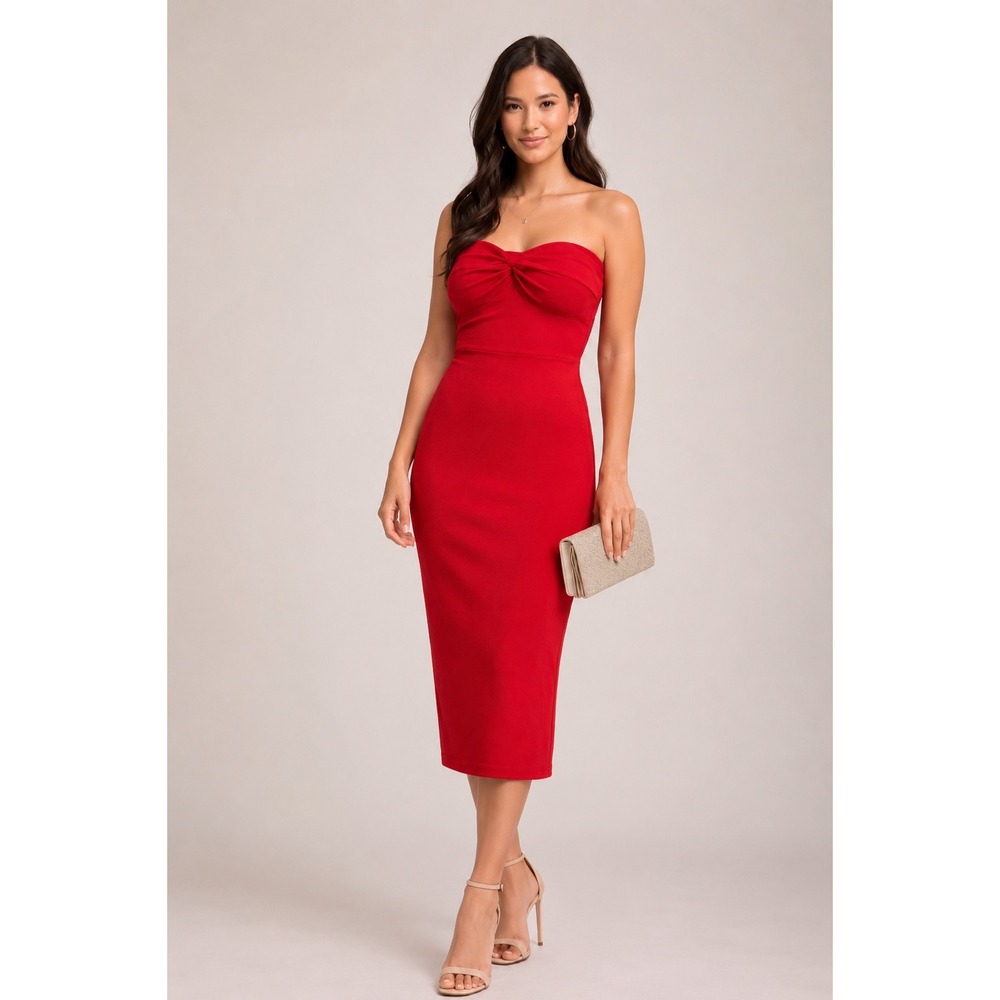 Romantic Red Strapless Twist Front Midi Dress Ribbed Day to Night Date Sz M - Picture 1 of 14